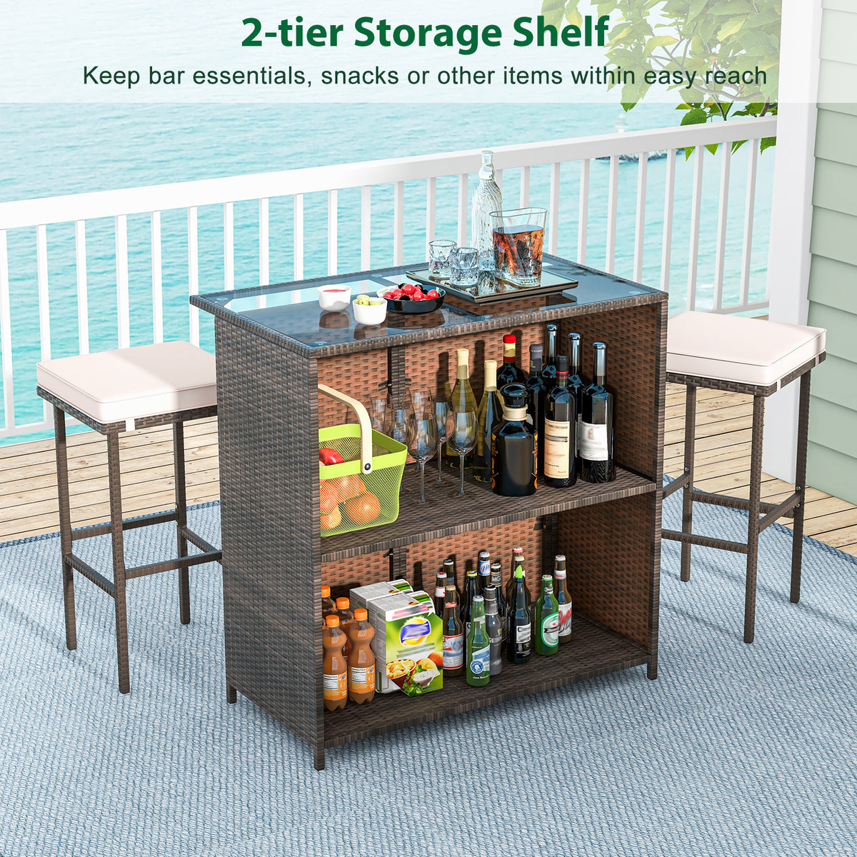 3 Pcs Patio Bar Set, Tempered Glass Tabletop, Brown Outdoor Sectionals at Gallery Canada