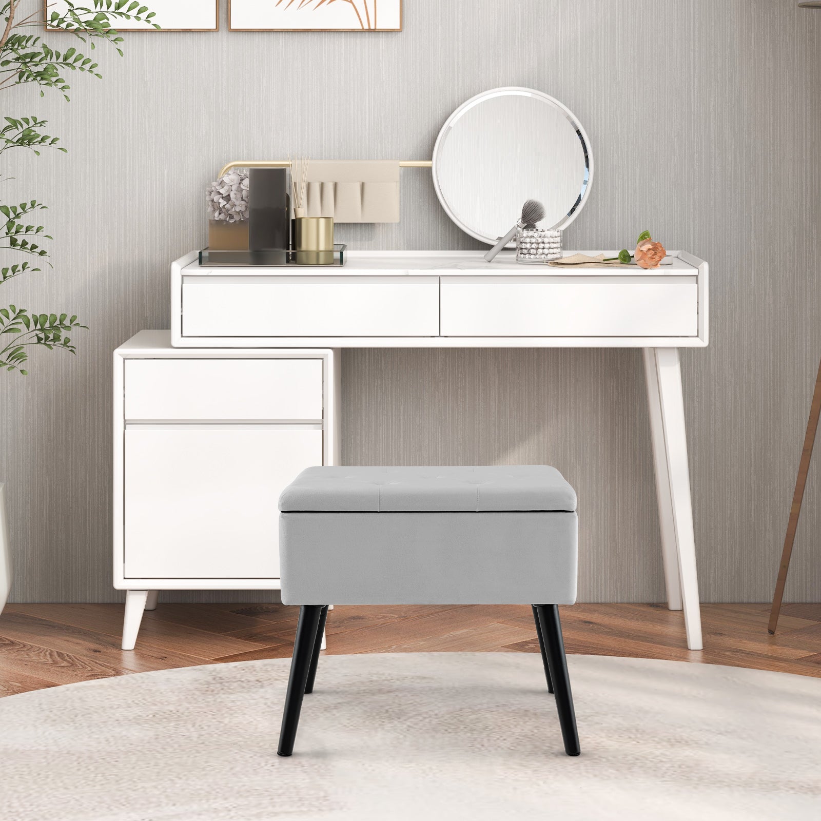 Velvet Storage Ottoman With Solid Wood Legs, Gray Ottomans at Gallery Canada