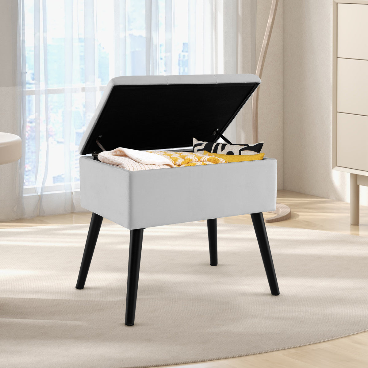 Velvet Storage Ottoman With Solid Wood Legs, Gray Ottomans at Gallery Canada