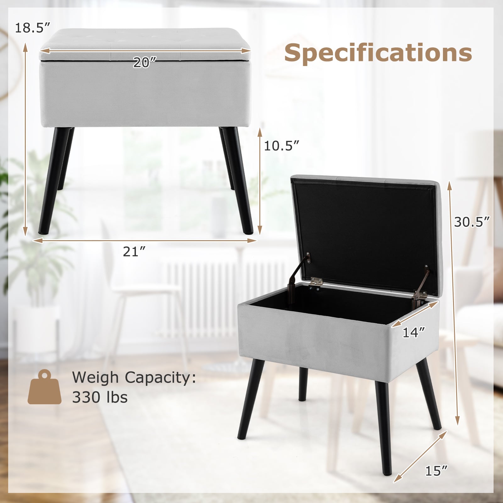 Velvet Storage Ottoman With Solid Wood Legs, Gray Ottomans at Gallery Canada