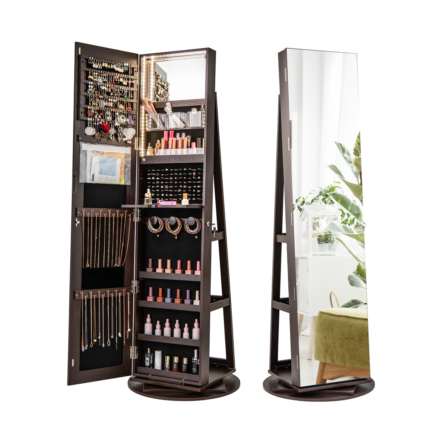 360° Rotating Mirrored Jewelry Cabinet, Espresso
