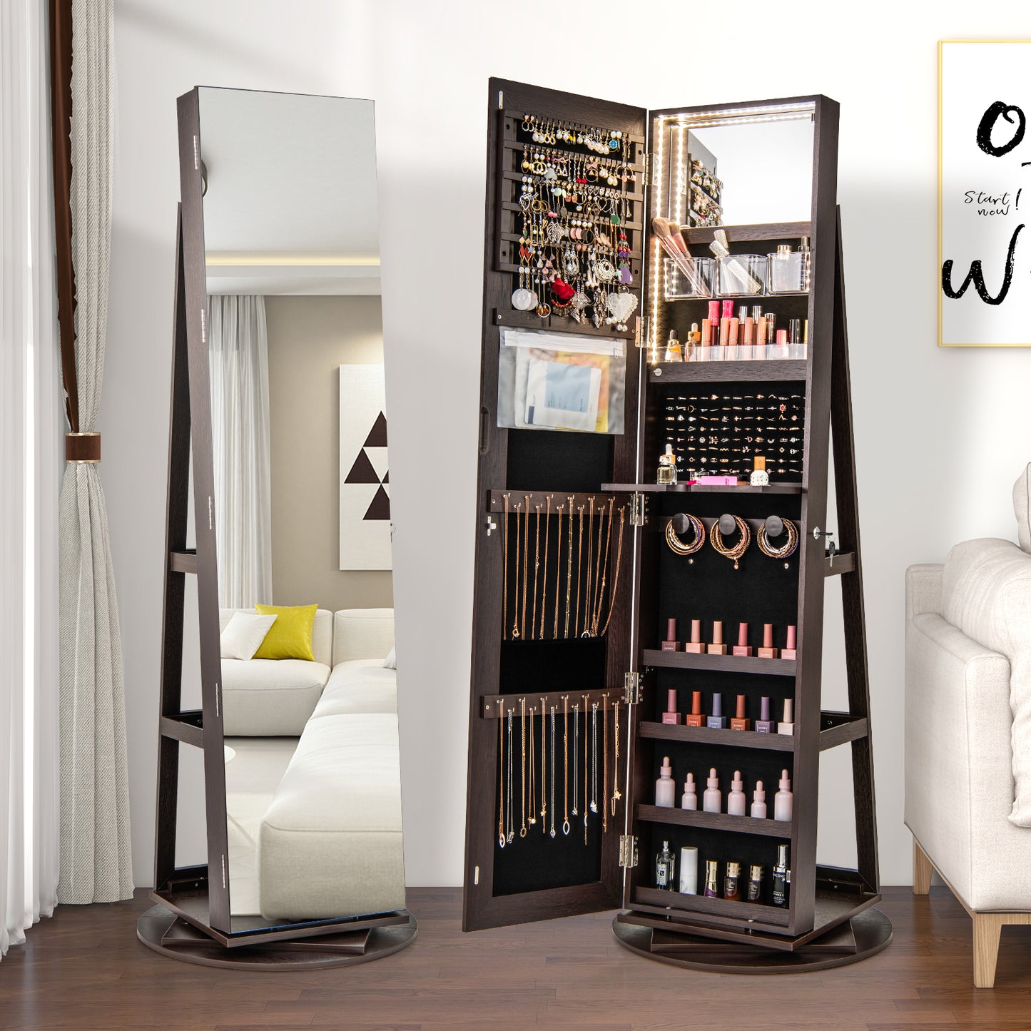 360° Rotating Mirrored Jewelry Cabinet, Espresso