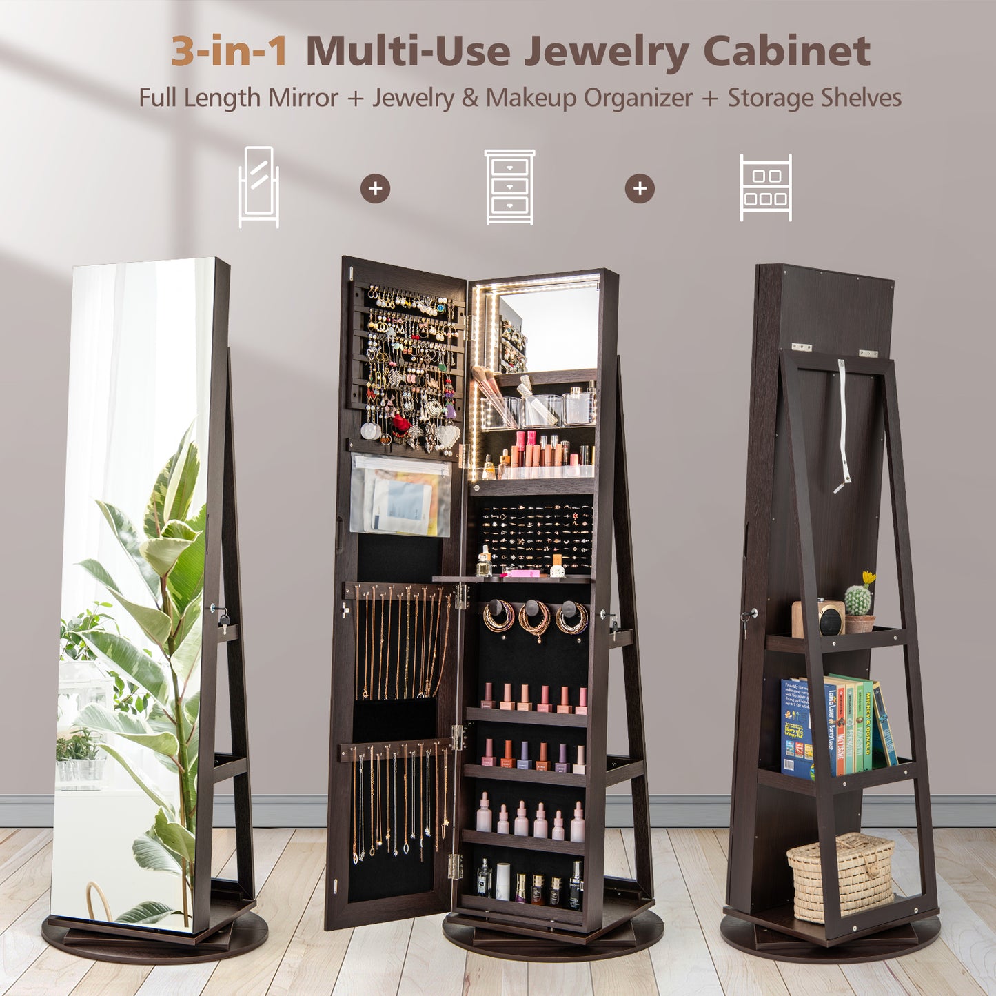 360° Rotating Mirrored Jewelry Cabinet, Espresso