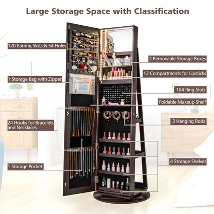 360° Rotating Mirrored Jewelry Cabinet, Espresso