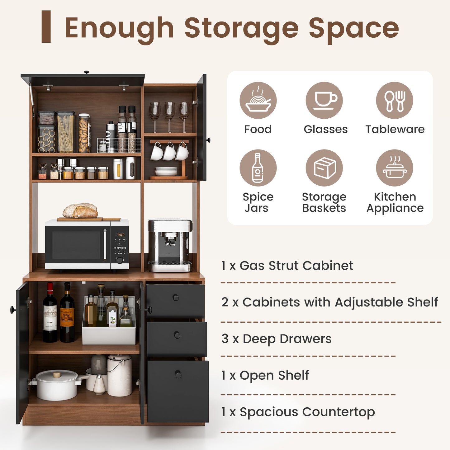 71 Inch Kitchen Pantry, 3 Storage Cabinet, 3 Deep Drawers, Walnut Sideboards Cabinets & Buffets at Gallery Canada