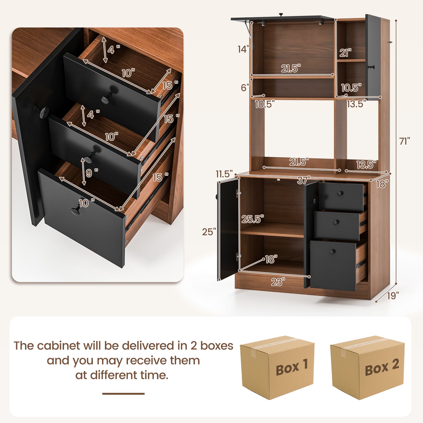 71 Inch Kitchen Pantry, 3 Storage Cabinet, 3 Deep Drawers, Walnut Sideboards Cabinets & Buffets at Gallery Canada