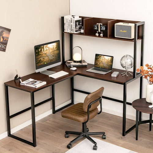 Reversible L-Shaped Corner Desk With Storage Bookshelf, Dark Brown