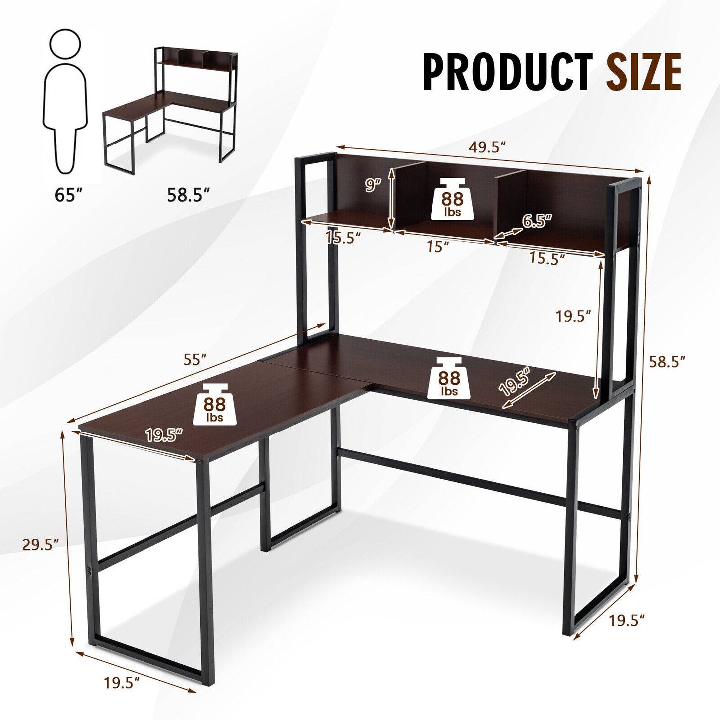 Reversible L-Shaped Corner Desk With Storage Bookshelf, Dark Brown L-Shaped Desks at Gallery Canada