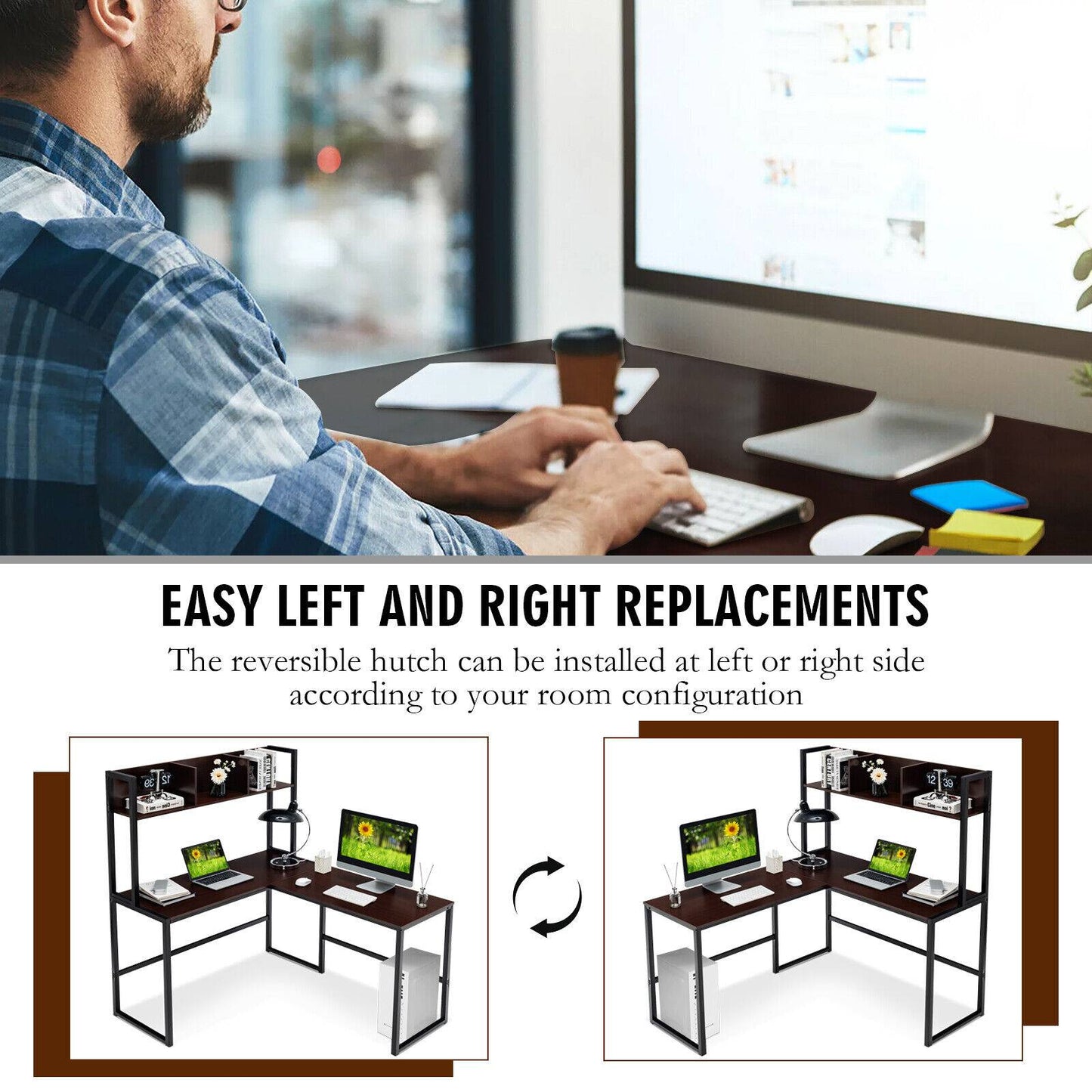 Reversible L-Shaped Corner Desk With Storage Bookshelf, Dark Brown L-Shaped Desks at Gallery Canada