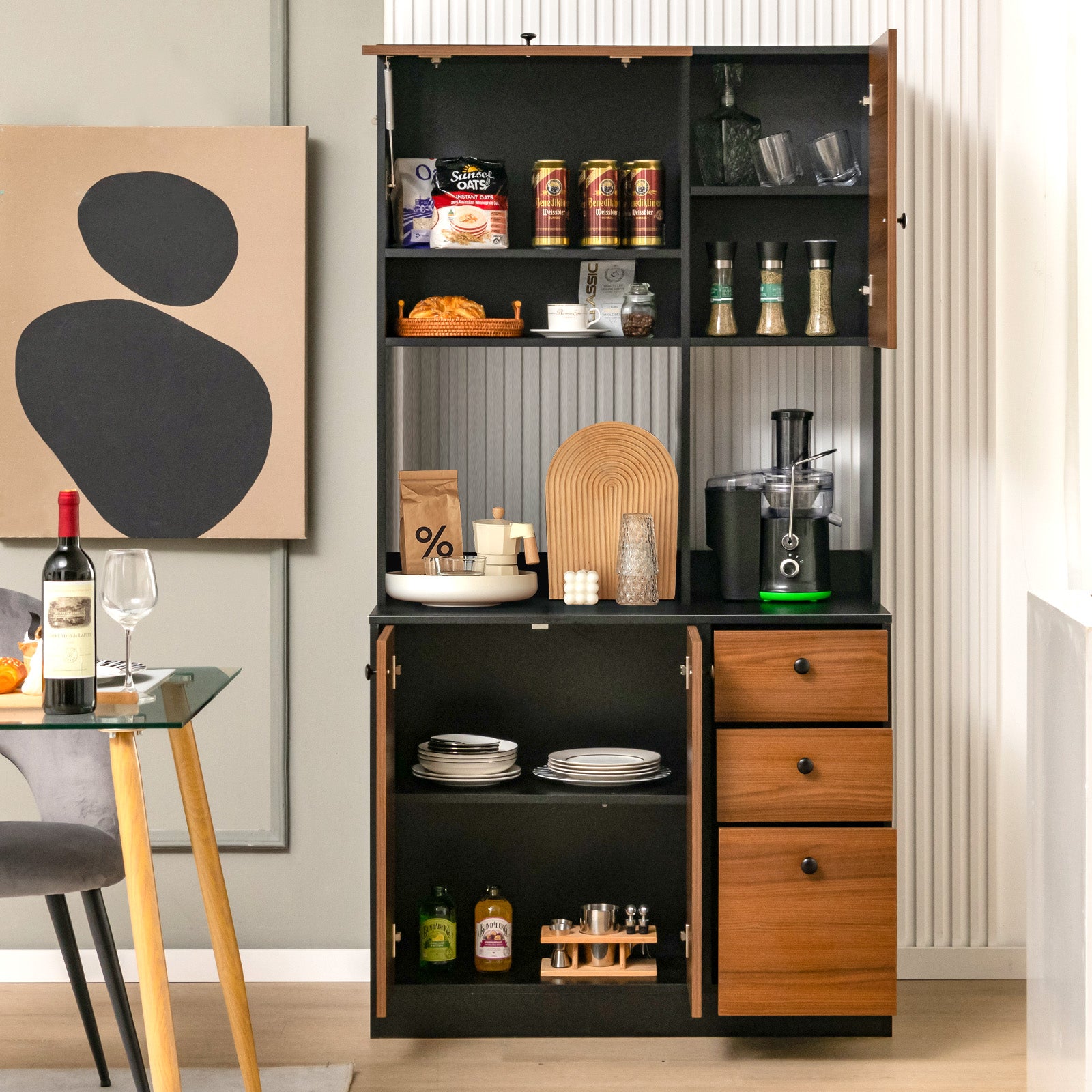 71 Inch Kitchen Pantry, 3 Cabinet 3 Drawer Storage, Black Sideboards Cabinets & Buffets at Gallery Canada
