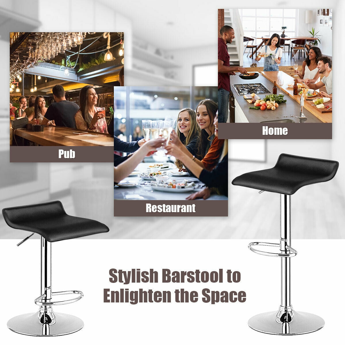 Set of 2 Adjustable PU Leather Backless Bar Stools, Black Bar Stools at Gallery Canada