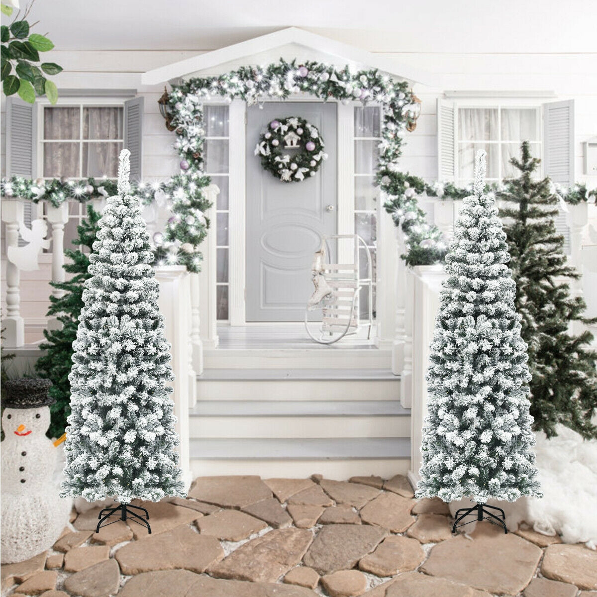 6 Feet Unlit Hinged Snow Flocked Artificial Pencil Christmas Tree, Green Christmas Tree at Gallery Canada