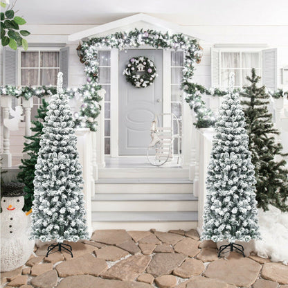 6 Feet Unlit Hinged Snow Flocked Artificial Pencil Christmas Tree, Green Christmas Tree at Gallery Canada