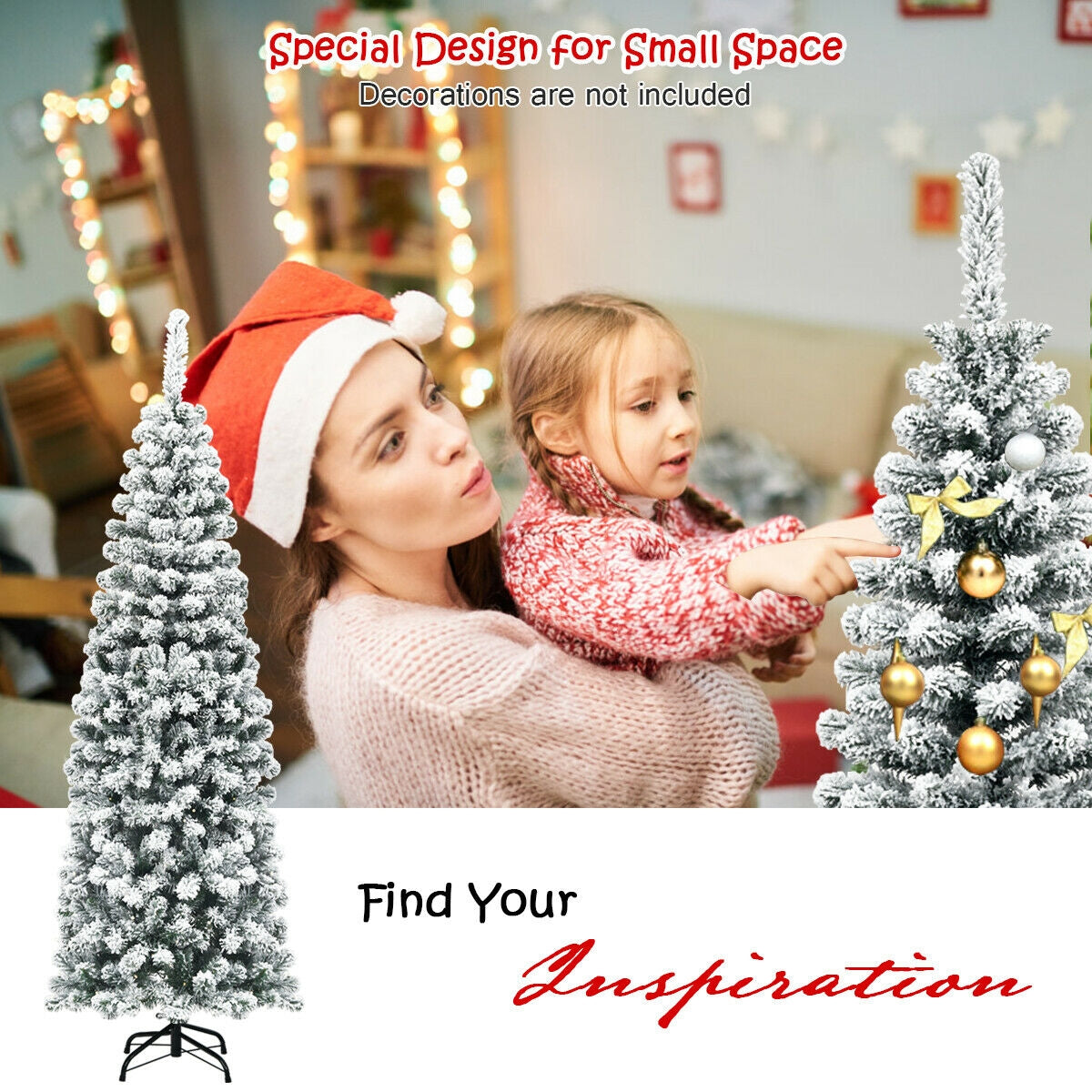 6 Feet Unlit Hinged Snow Flocked Artificial Pencil Christmas Tree, Green Christmas Tree at Gallery Canada