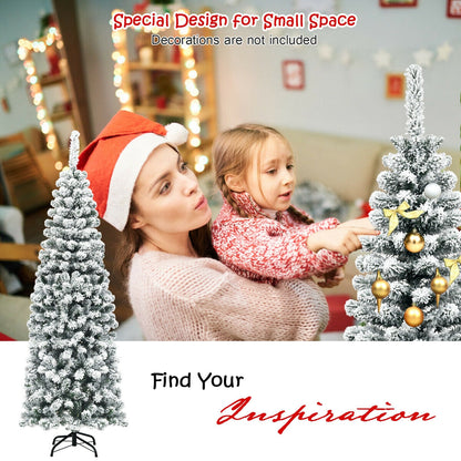 6 Feet Unlit Hinged Snow Flocked Artificial Pencil Christmas Tree, Green Christmas Tree at Gallery Canada