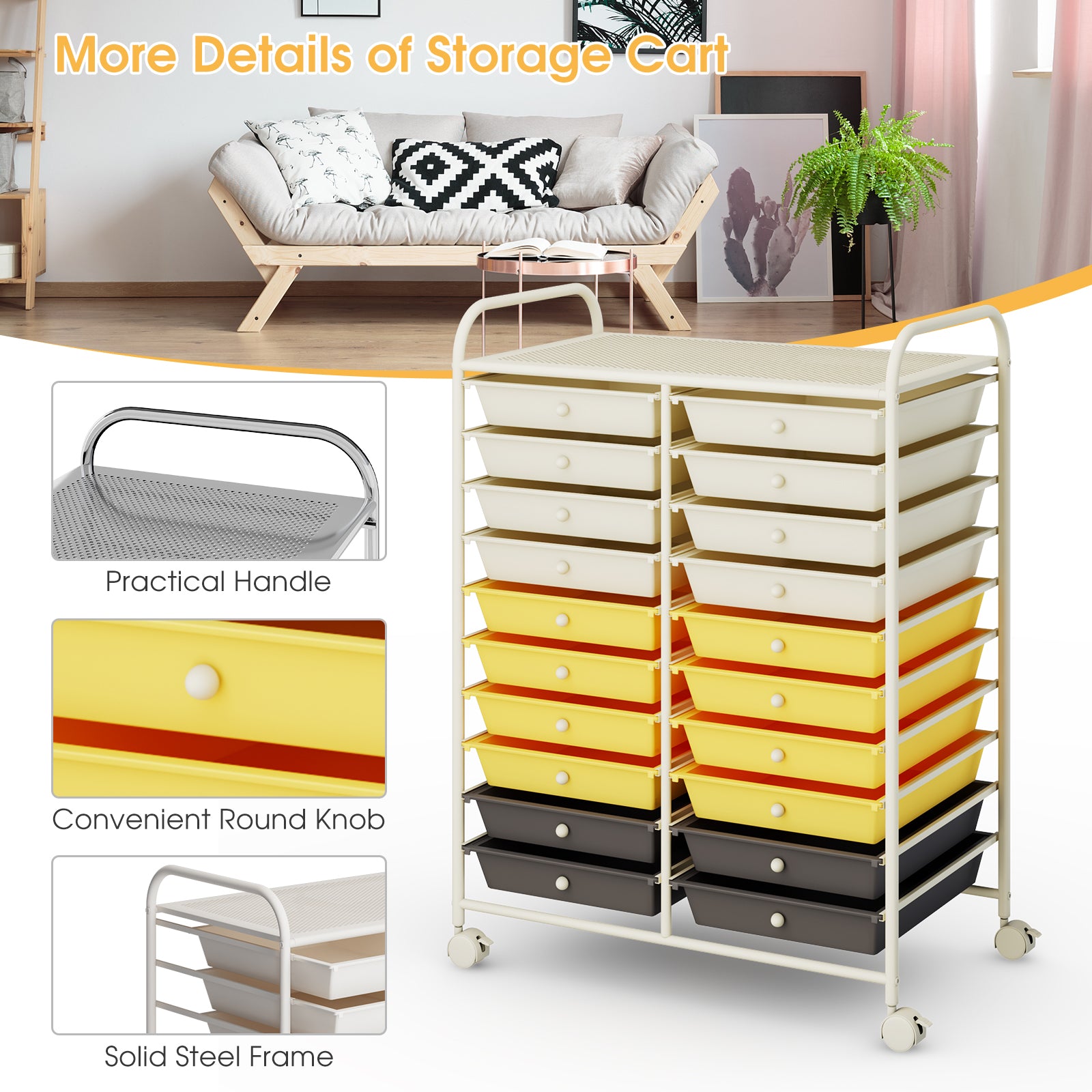 20 Drawers Rolling Cart Studio Organizer, Yellow File Cabinets at Gallery Canada