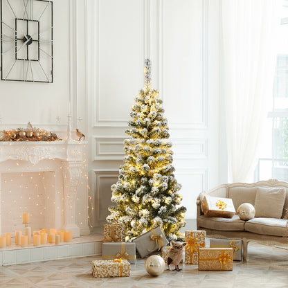 4.5 Feet Pre-Lit Snow Flocked Pencil Christmas Tree, 150 LED Lights, Green Christmas Tree at Gallery Canada