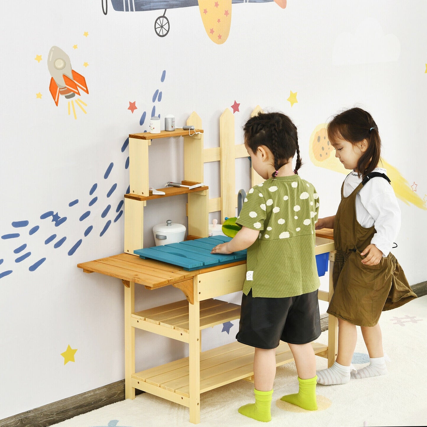 Kids Outdoor Wooden Pretend Cook Kitchen Playset Toy, Natural Play Kitchen Sets at Gallery Canada