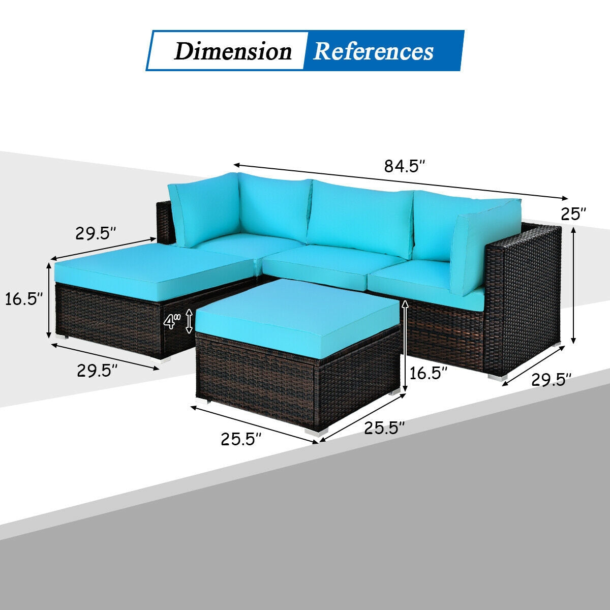 5 Piece Patio Rattan Sectional Ottoman Set, Blue Outdoor Sectionals at Gallery Canada