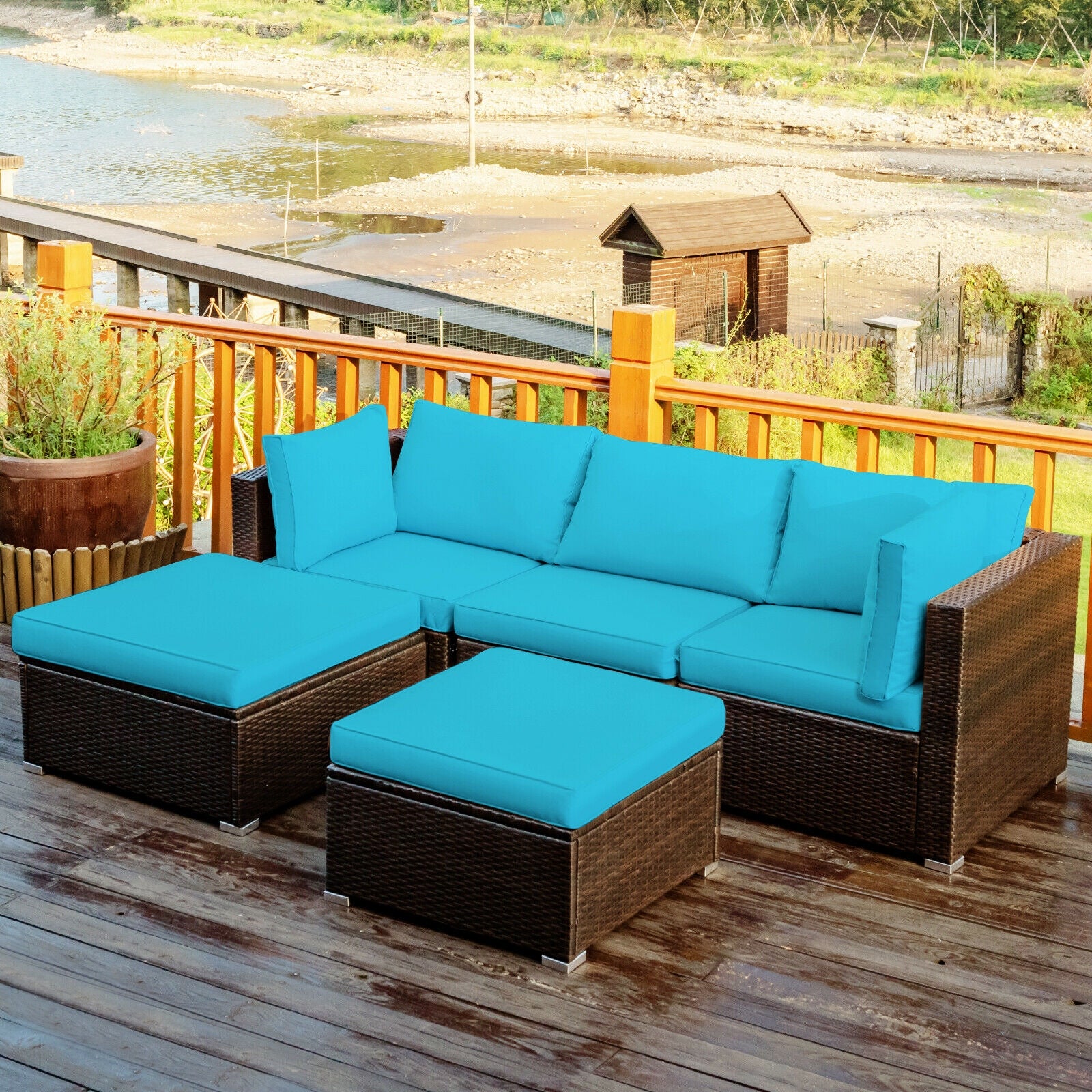 5 Piece Patio Rattan Sectional Ottoman Set, Blue Outdoor Sectionals at Gallery Canada