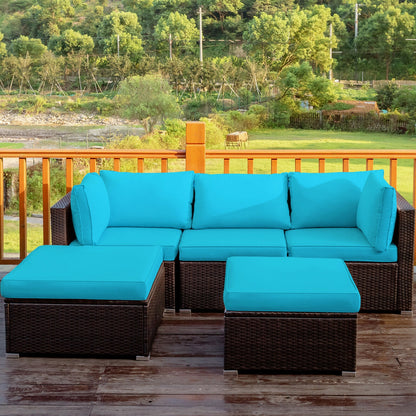 5 Piece Patio Rattan Sectional Ottoman Set, Blue Outdoor Sectionals at Gallery Canada