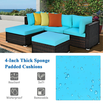5 Piece Patio Rattan Sectional Ottoman Set, Blue Outdoor Sectionals at Gallery Canada