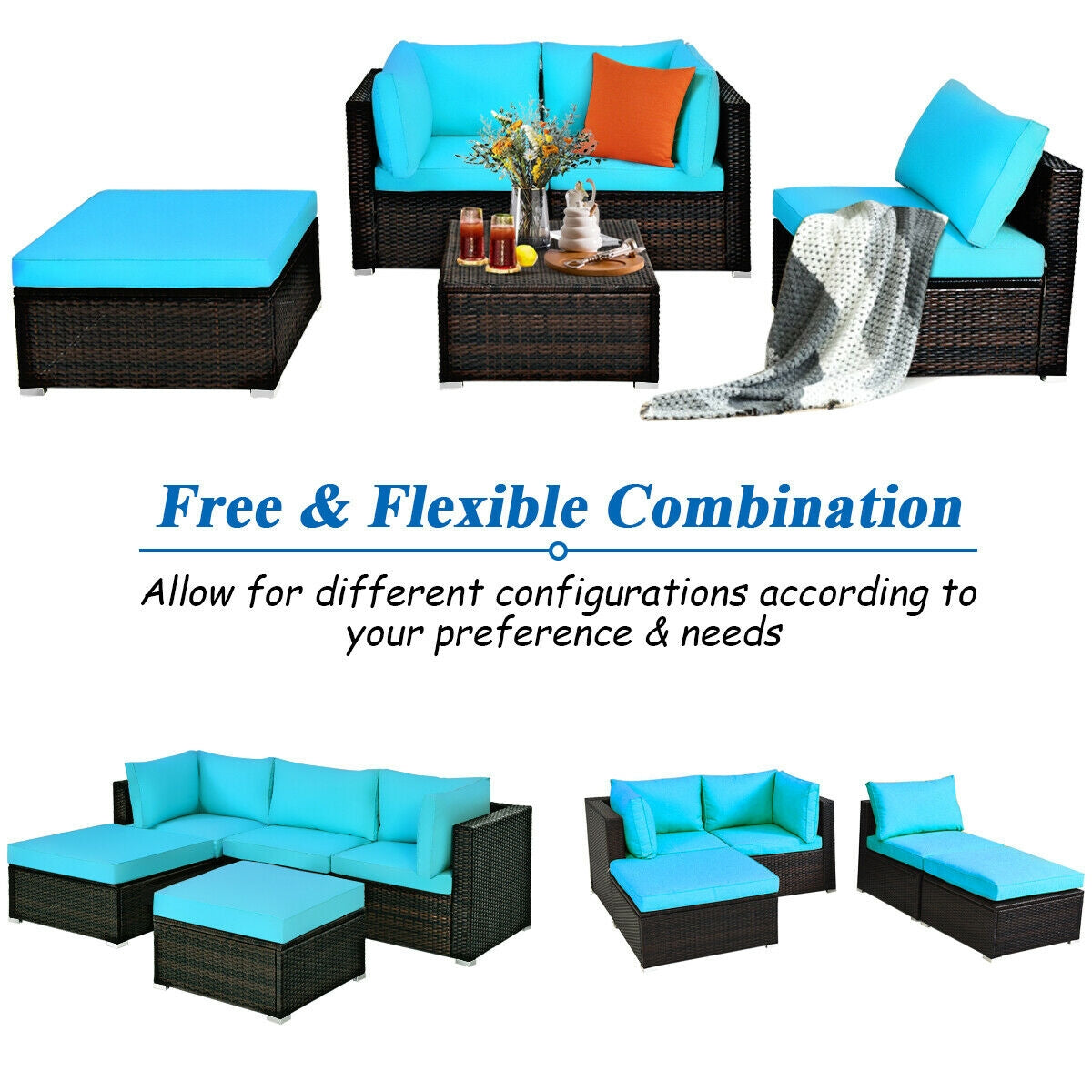 5 Piece Patio Rattan Sectional Ottoman Set, Blue Outdoor Sectionals at Gallery Canada