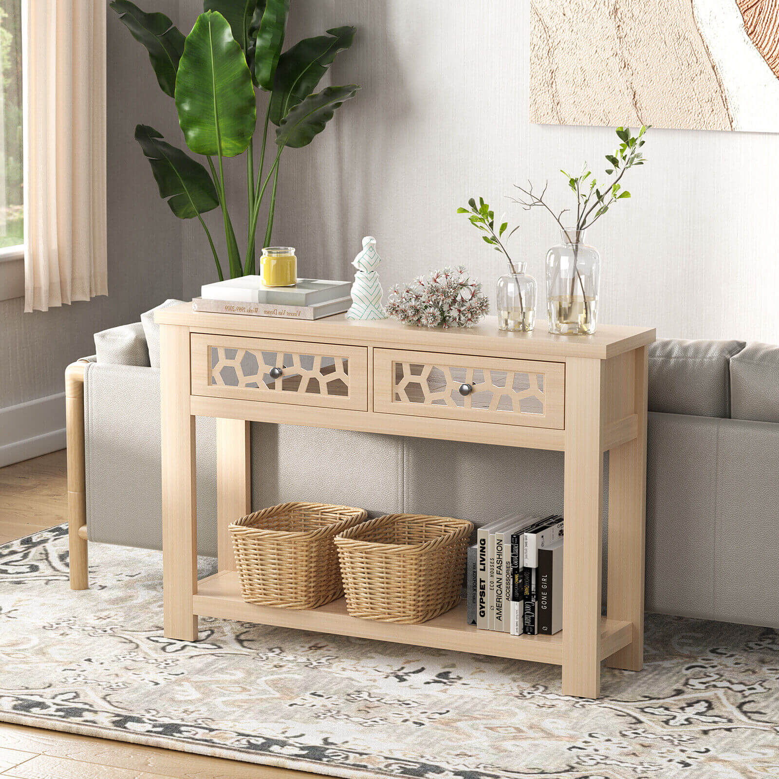 2-Tier Console Table with Drawers and Open Storage Shelf, Natural Console Tables at Gallery Canada