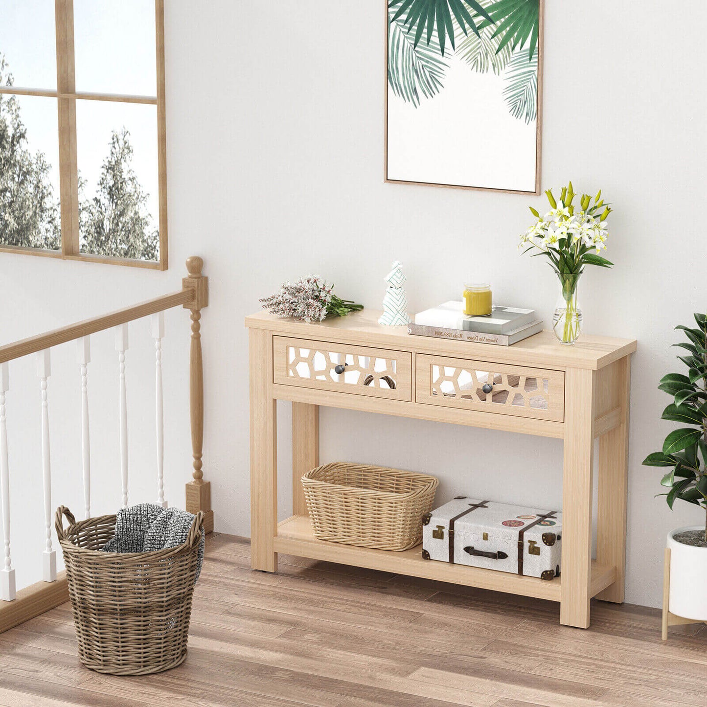 2-Tier Console Table with Drawers and Open Storage Shelf, Natural Console Tables at Gallery Canada