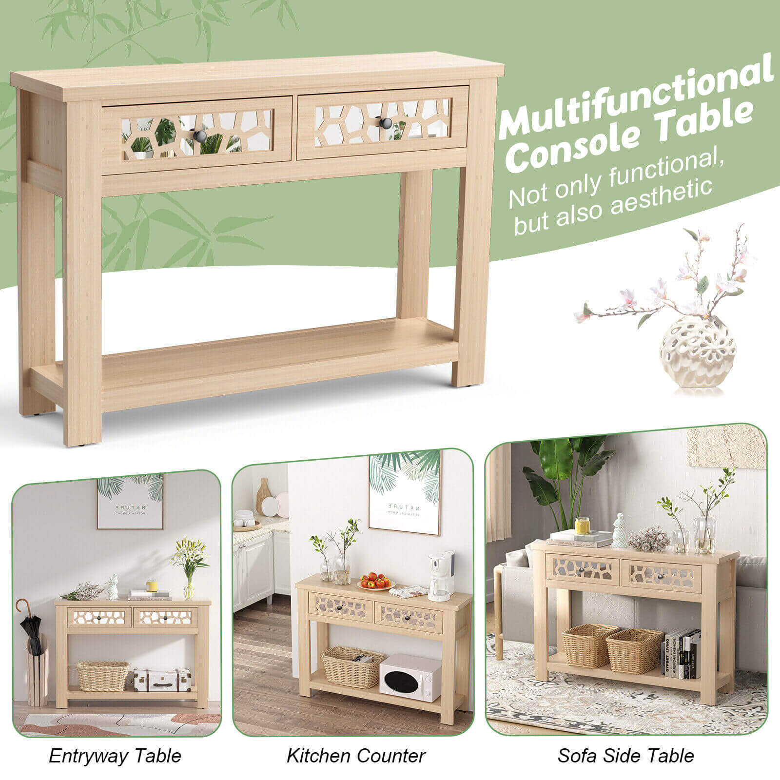 2-Tier Console Table with Drawers and Open Storage Shelf, Natural Console Tables at Gallery Canada