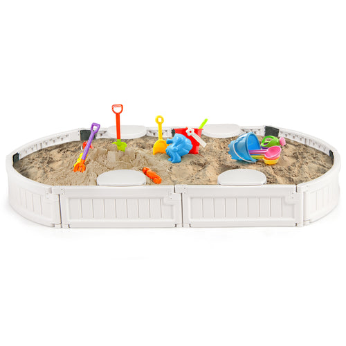 Kids Oval Sandbox, 6 Feet, Built-in Seat, Bottom Liner, White