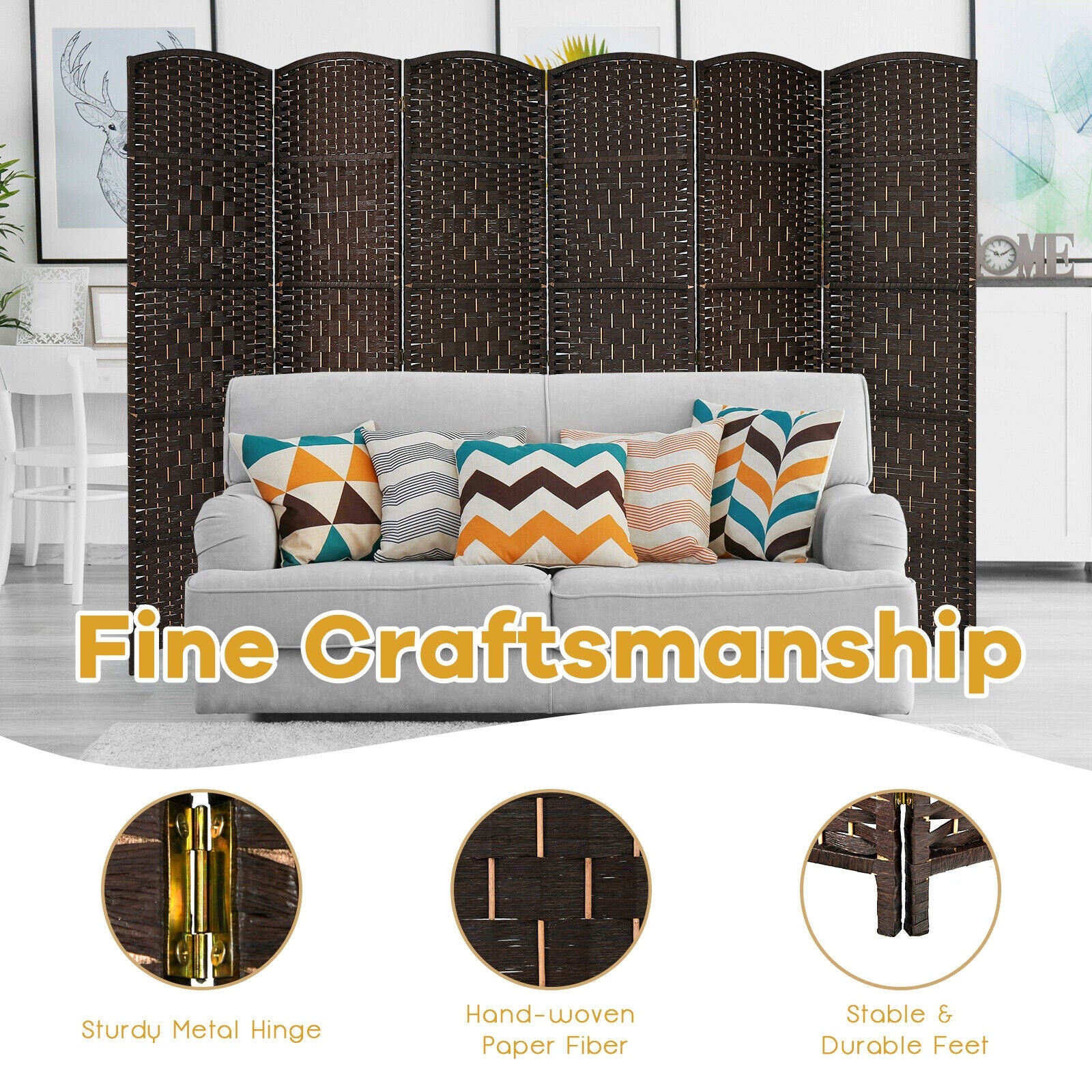 6.5Ft 6-Panel Weave Folding Fiber Room Divider Screen, Brown Room Dividers at Gallery Canada