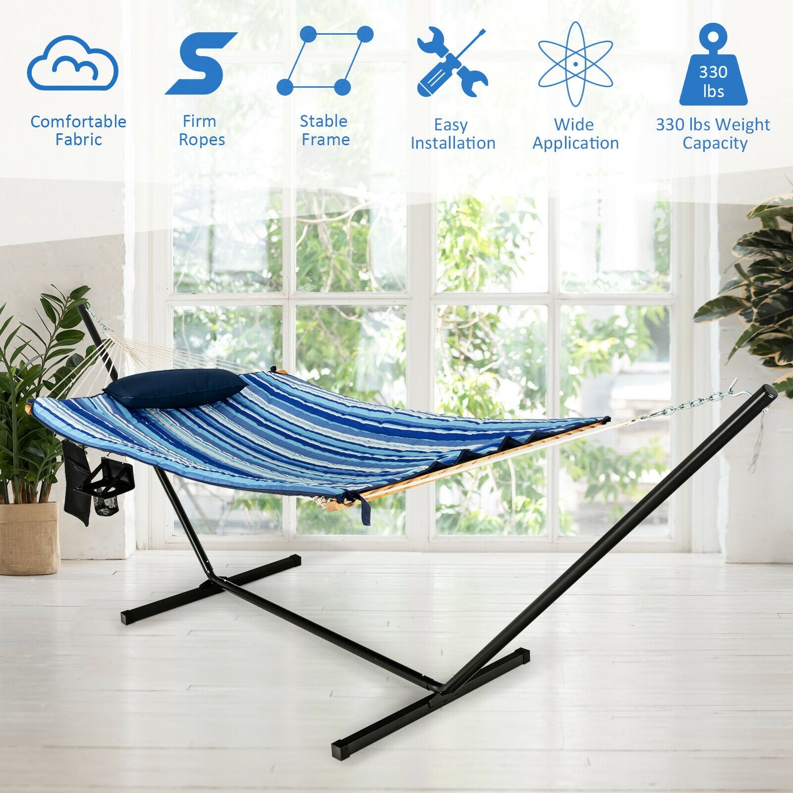 Cotton Hammock Chair Stand Set With Pillow Cup Holder, Blue Hammocks at Gallery Canada