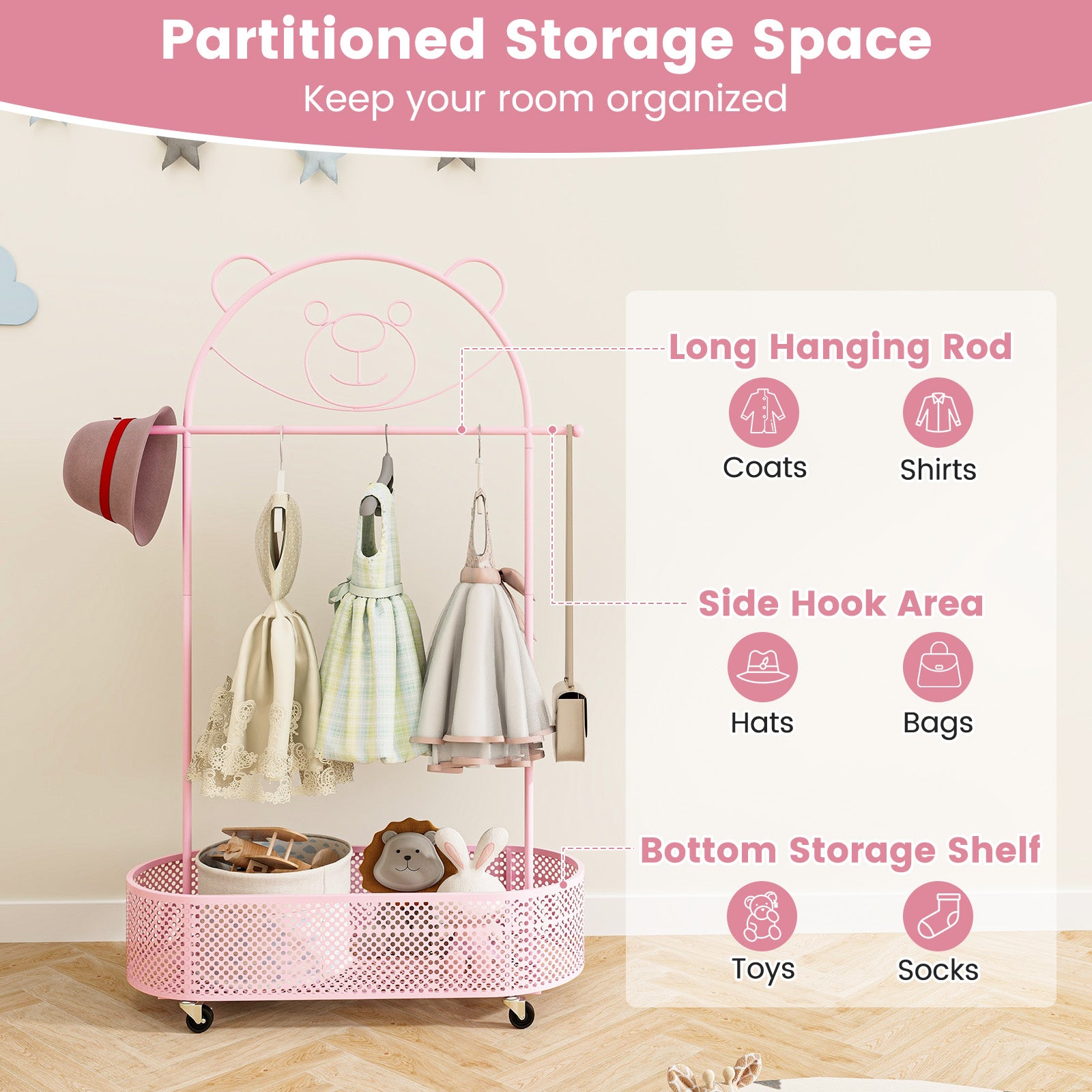 Kid Clothes Rack, 3 Adjustable Heights, Wheels, Pink Kids Storage at Gallery Canada