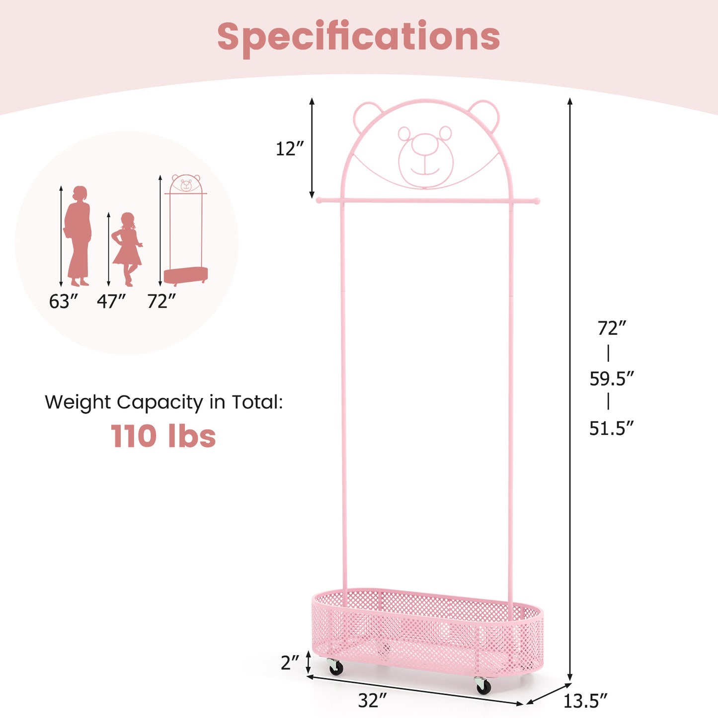 Kid Clothes Rack, 3 Adjustable Heights, Wheels, Pink Kids Storage at Gallery Canada
