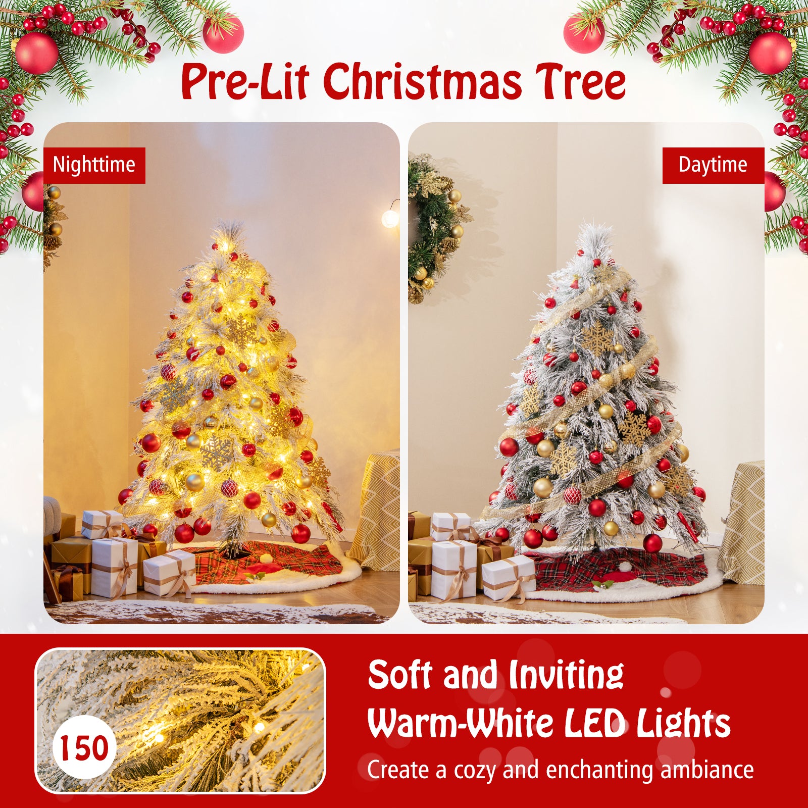 4.5 ft Snow Flocked Christmas Tree With Warm White LED Lights, White Christmas Tree at Gallery Canada
