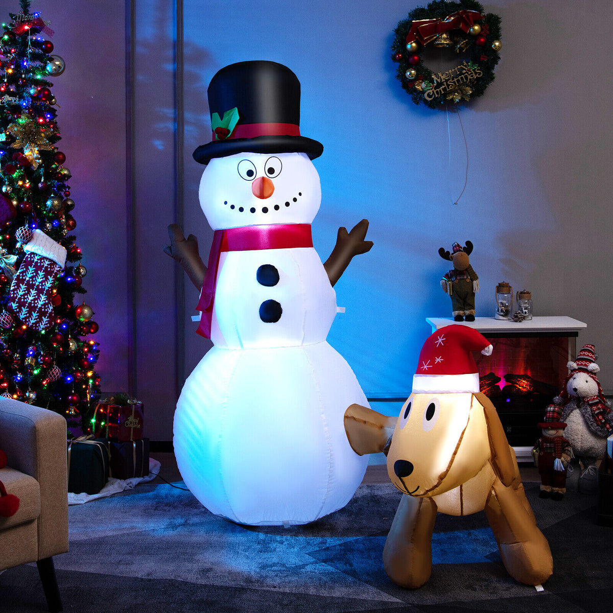6 Feet Tall Inflatable Snowman And Dog Set, LED Lights, White Christmas Inflatables at Gallery Canada