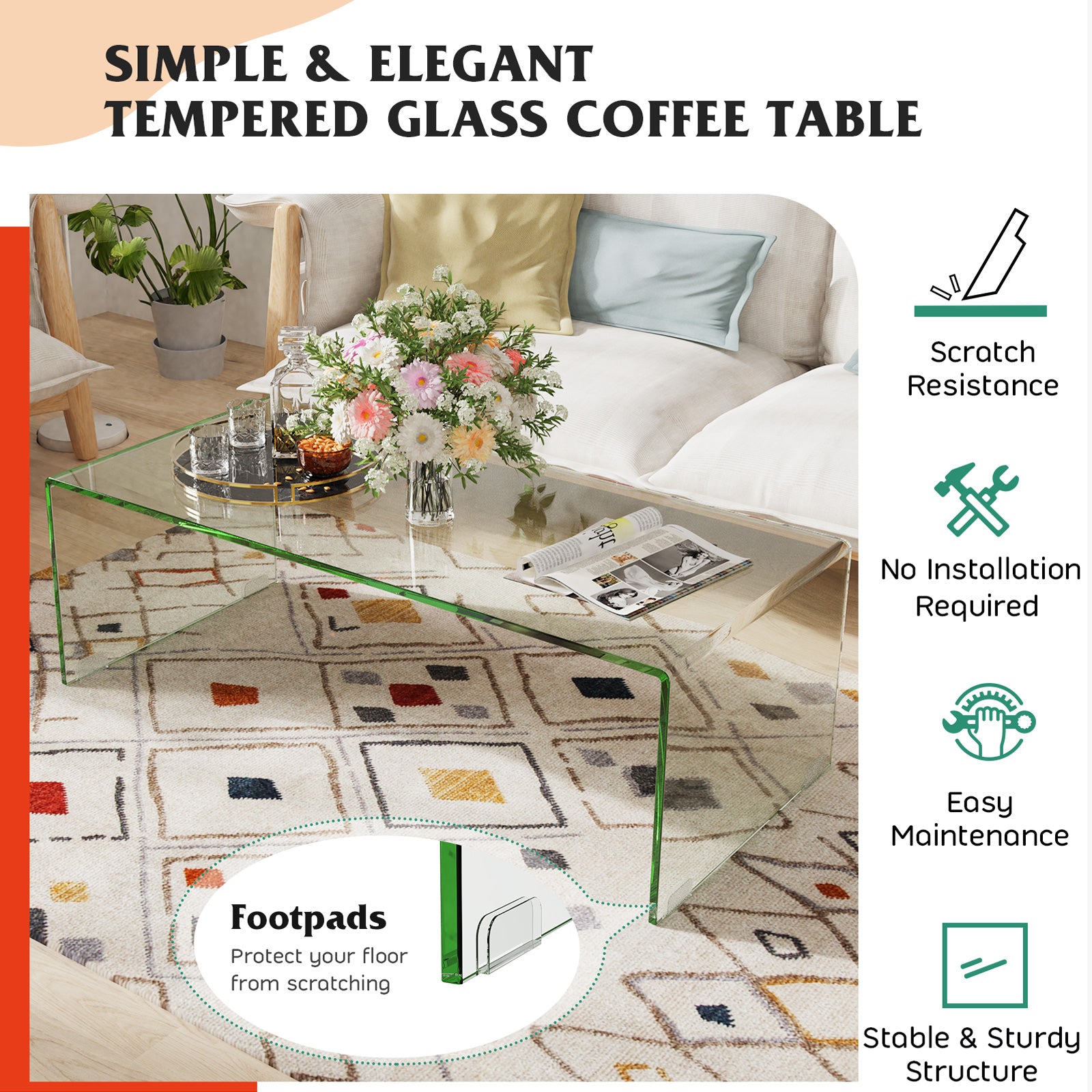 42 x 19.7 Inch Clear Tempered Glass Coffee Table, Rounded Edges, Transparent Coffee Tables at Gallery Canada