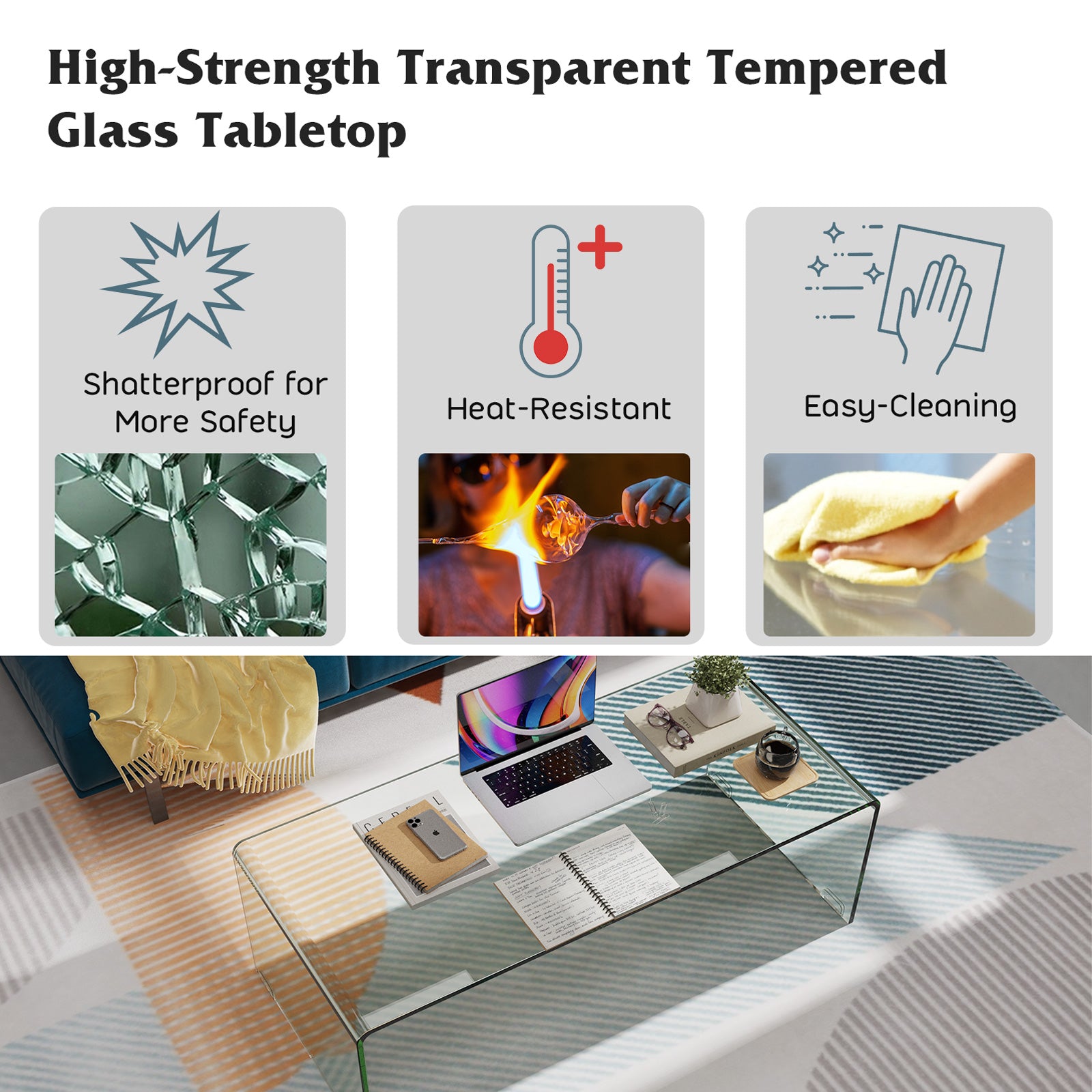 42 x 19.7 Inch Clear Tempered Glass Coffee Table, Rounded Edges, Transparent Coffee Tables at Gallery Canada