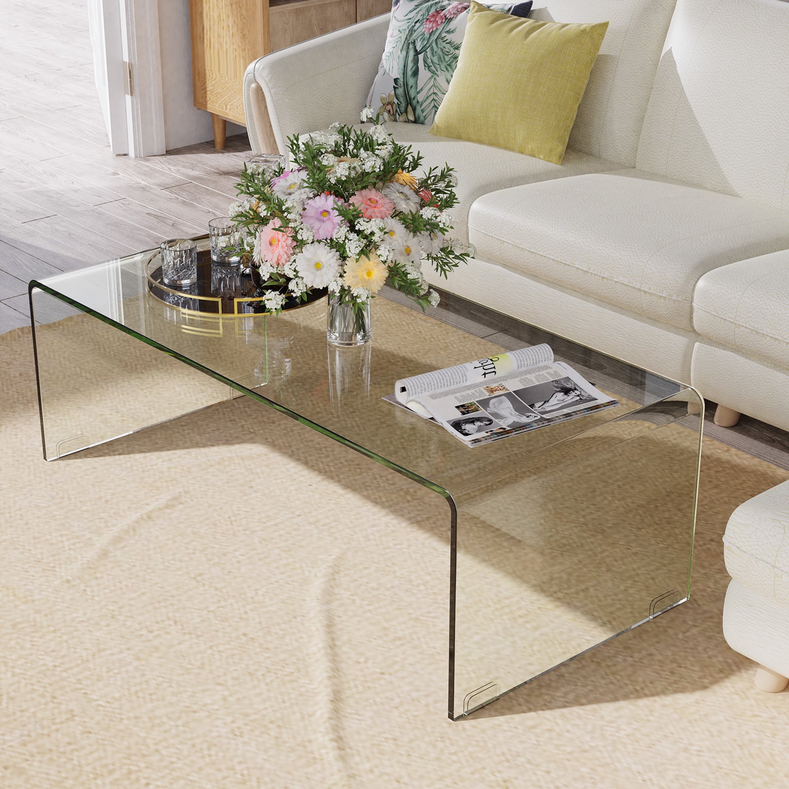 42 x 19.7 Inch Clear Tempered Glass Coffee Table, Rounded Edges, Transparent Coffee Tables at Gallery Canada
