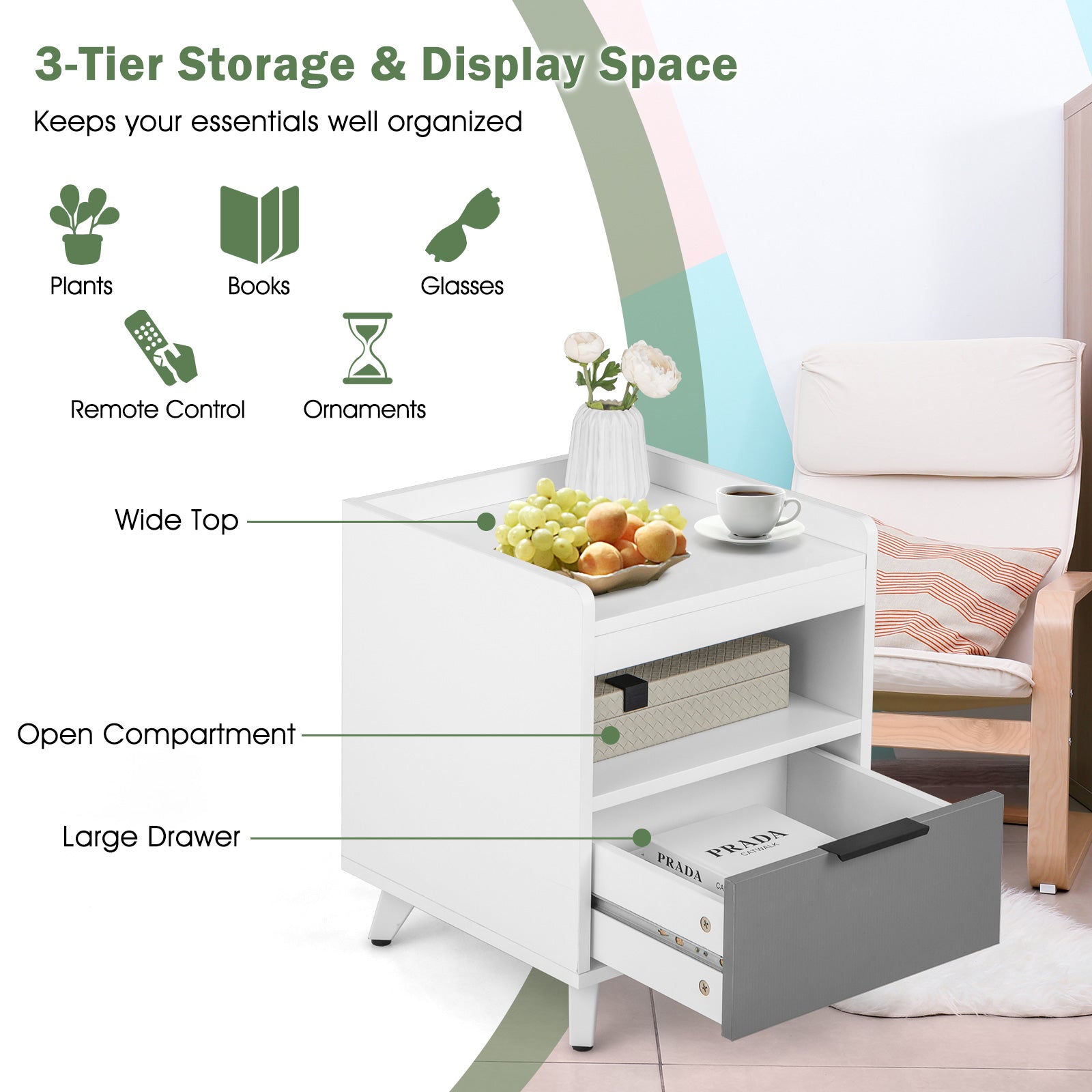 Modern Nightstand With LED Lights, Sliding Drawer, White Nightstands at Gallery Canada