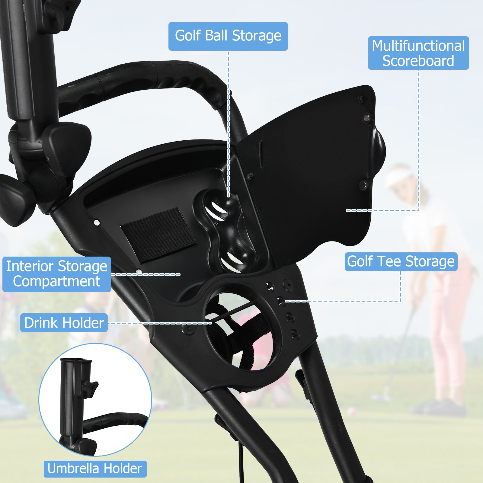 Folding 3 Wheels Golf Push Cart with Bag Scoreboard Adjustable Handle, Red Golf at Gallery Canada