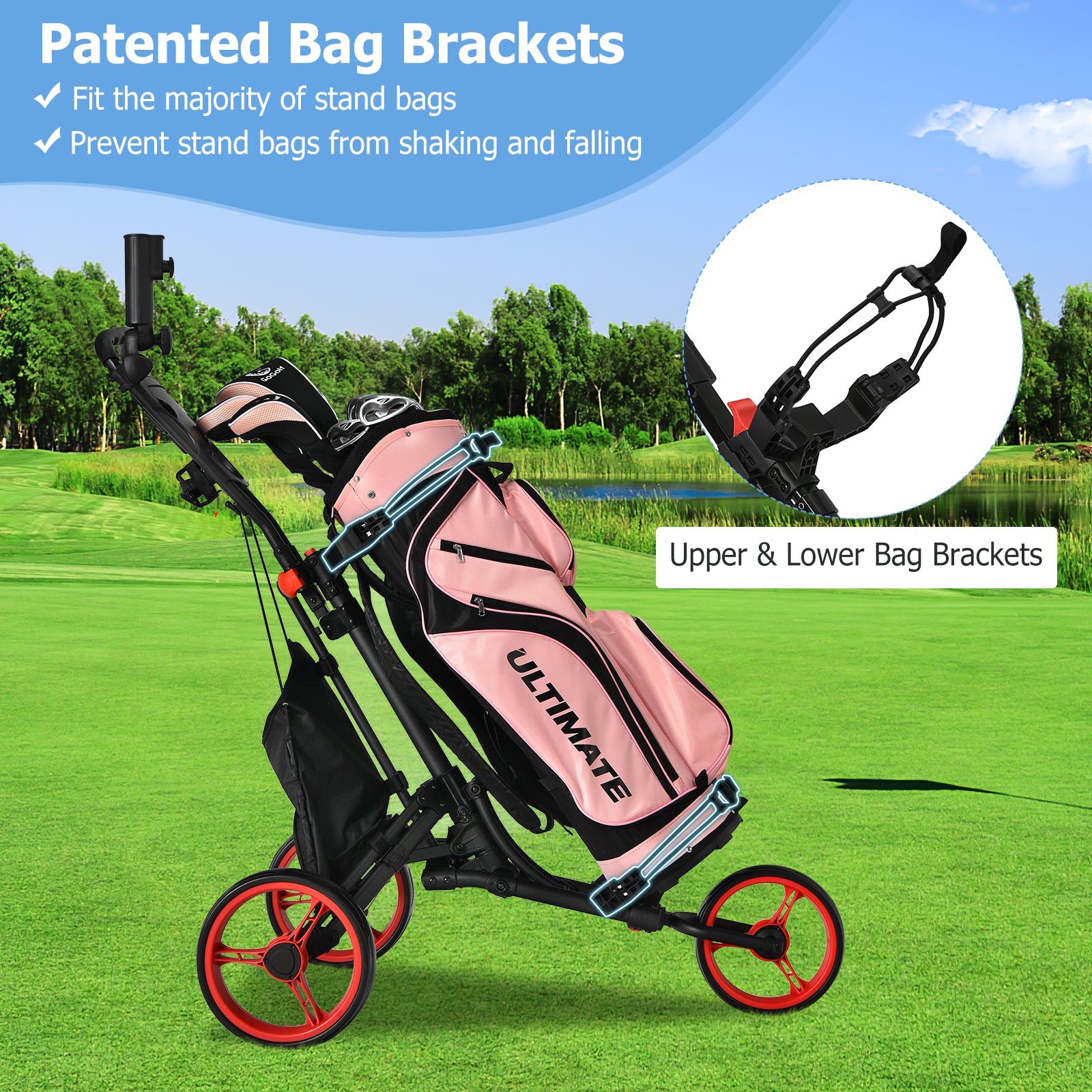 Folding 3 Wheels Golf Push Cart with Bag Scoreboard Adjustable Handle, Red Golf at Gallery Canada