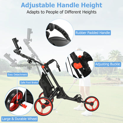 Folding 3 Wheels Golf Push Cart with Bag Scoreboard Adjustable Handle, Red Golf at Gallery Canada