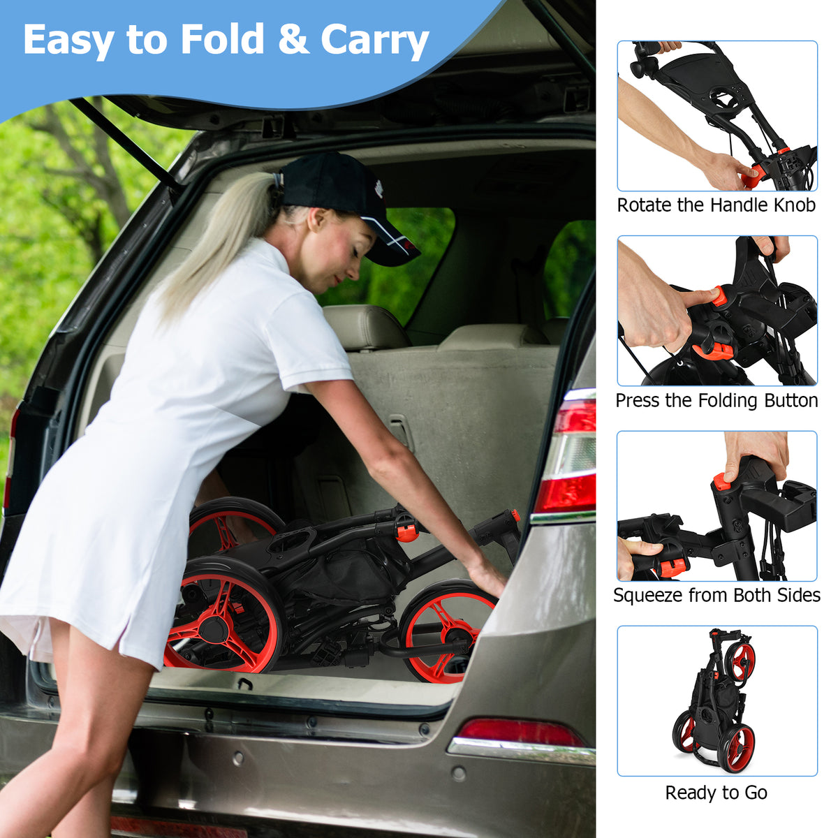 Folding 3 Wheels Golf Push Cart with Bag Scoreboard Adjustable Handle, Red Golf at Gallery Canada