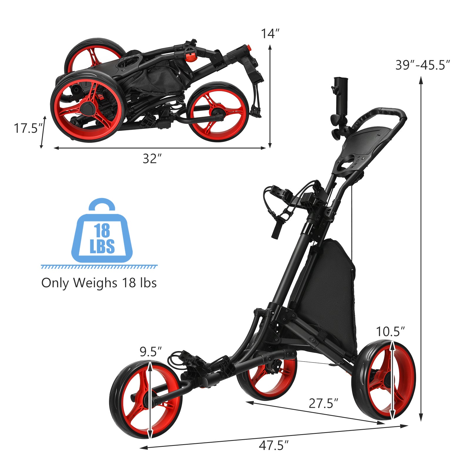 Folding 3 Wheels Golf Push Cart with Bag Scoreboard Adjustable Handle, Red Golf at Gallery Canada