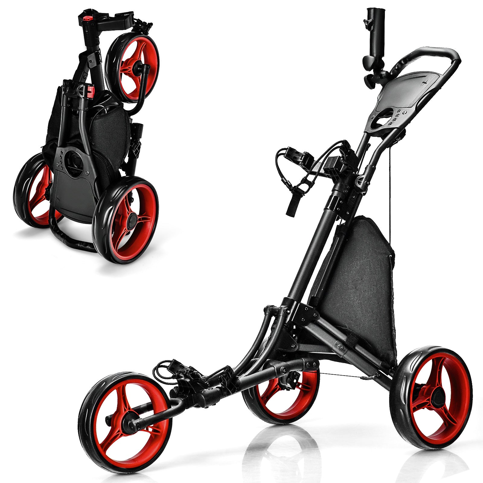 Folding 3 Wheels Golf Push Cart with Bag Scoreboard Adjustable Handle, Red Golf at Gallery Canada