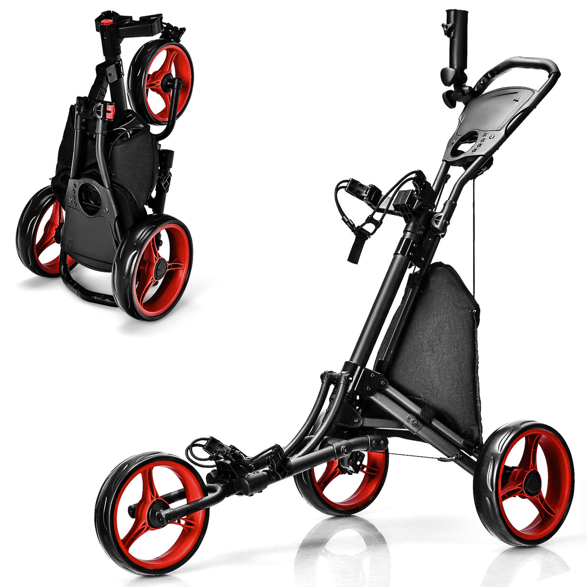 Folding 3 Wheels Golf Push Cart with Bag Scoreboard Adjustable Handle, Red Golf Red at Gallery Canada