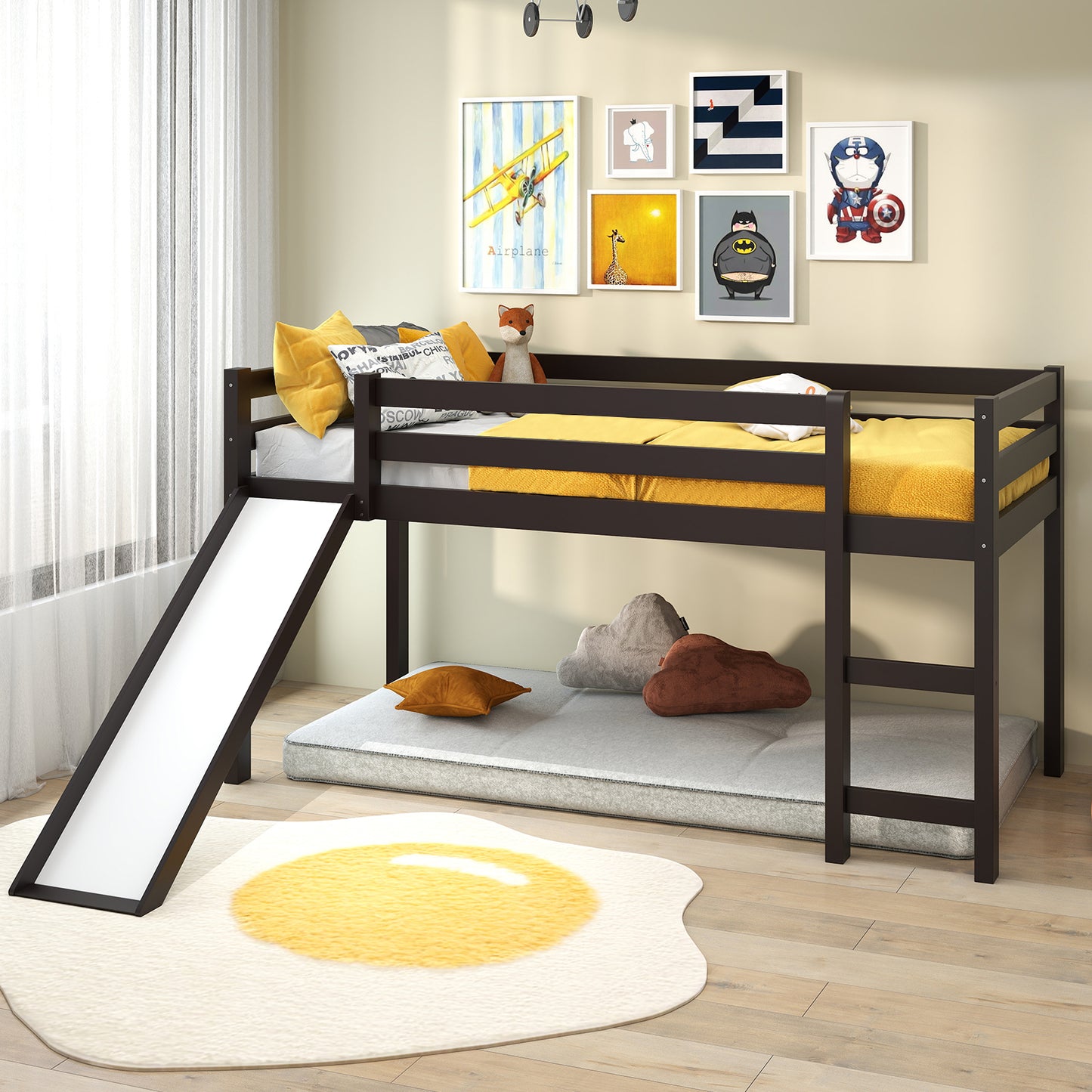 Twin Size Low Loft Bed With Slide, Dark Brown Bunk Bed Frame at Gallery Canada