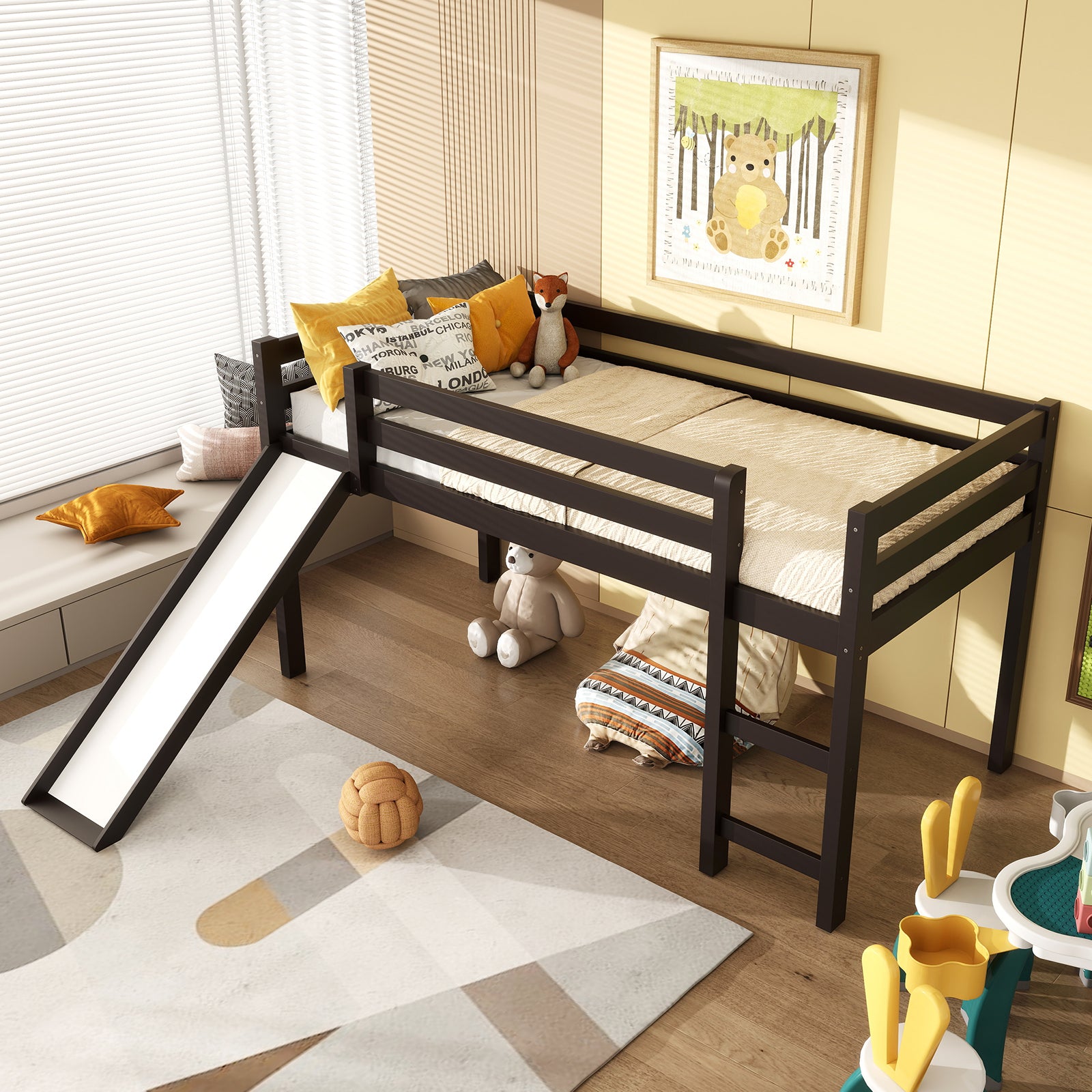 Twin Size Low Loft Bed With Slide, Dark Brown Bunk Bed Frame at Gallery Canada